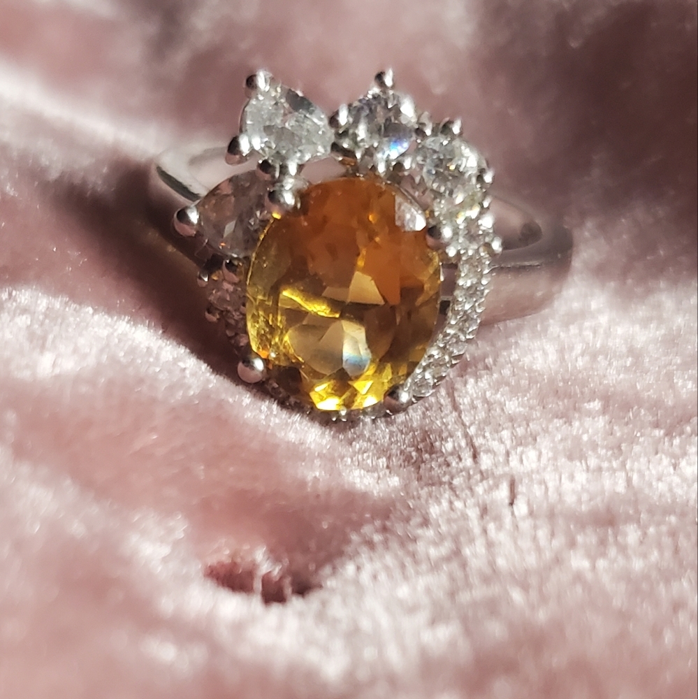 Natural Yellow Sapphire-Unique Asymmetric Halo Setting- Size 7